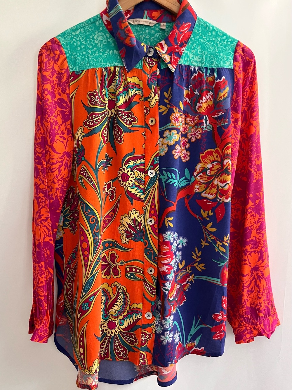 Soft Surroundings Arty Colorful Mixed Print Embroidery Blouse Blue Orange Pink S